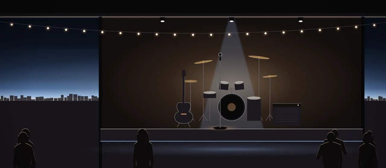 Illustration: the stage of an open-air bar at night before the band comes on: a microphone in a pool of warm light, a guitar on its stand, an amplifier and a drum kit, festoon lights along the roof, and a few people waiting in front, seen from behind