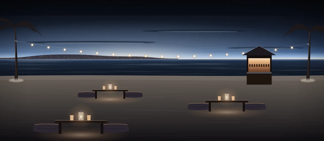 Illustration: a beach bar at night, low tables on the sand with lanterns and drinks, floor cushions round them, a string of lights tied between two palms, a small lit bar hut and the sea beyond