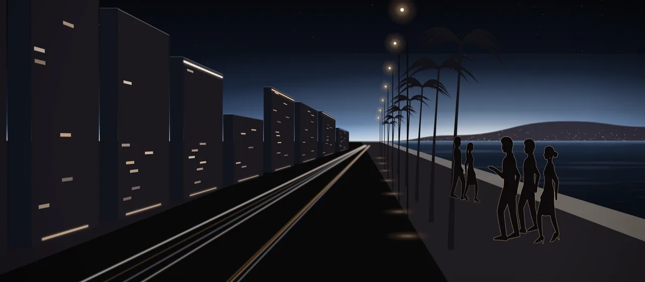 Illustration: a seafront road at night seen from the promenade, the bay and the beach on one side, palms and lamps along the road, people walking on the promenade, lit towers on the other side and light trails on the road