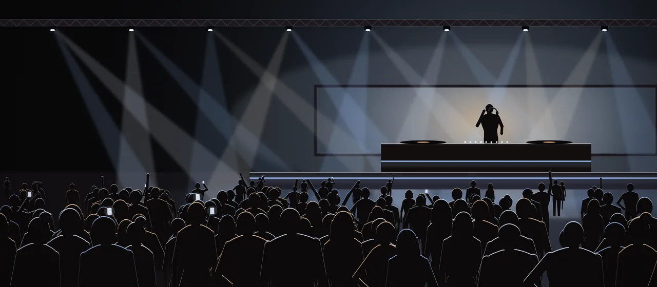 Illustration: a club at night seen from the dance floor, a DJ at the decks in front of a softly glowing wall, pale blue and white beams fanning down through the haze, and a packed crowd seen from behind with a few arms raised