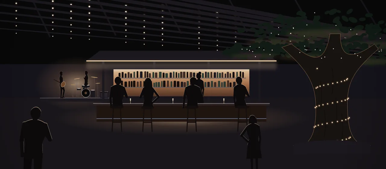 Illustration: a covered hall of bars at night under a long roof strung with bulbs, an island bar with people on stools round it and a bartender inside, a big tree wound with fairy lights growing through the hall, and a band playing on a small stage at the back