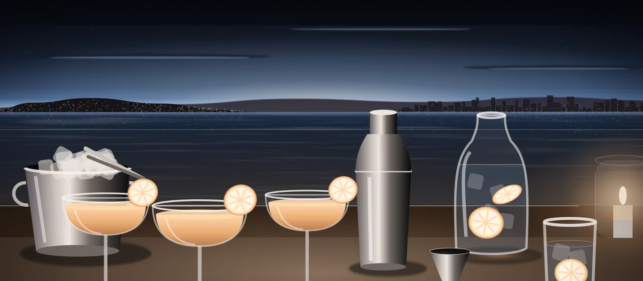 Illustration: a bar set on a rooftop terrace over the bay at night before the guests arrive: three cocktails with a slice of lemon, a shaker, a jigger, a bucket of ice, a carafe of iced water and a lantern lit