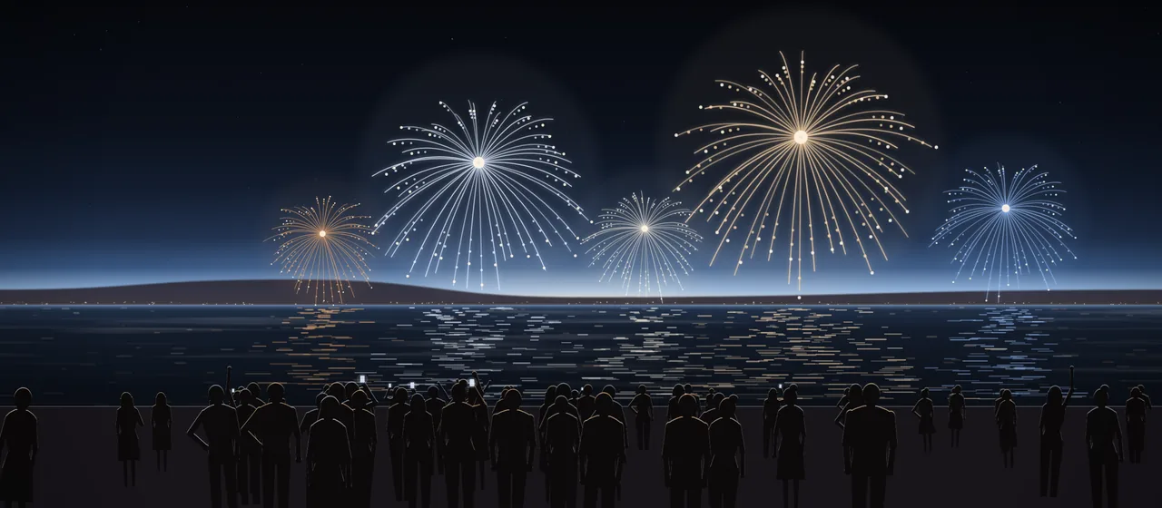 Illustration: fireworks bursting over a bay at night, their light on the water, and a crowd on the beach seen from behind