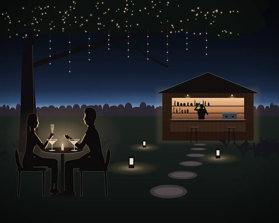 Illustration: a garden bar at night under a great tree hung with small lights, a little wooden bar house with its counter window lit and a bartender shaking a cocktail, a stepping-stone path through low plants, and a couple talking at a small garden table with two cocktails and a candle