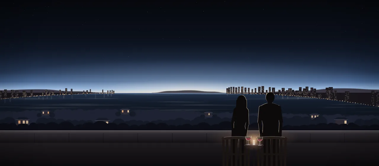 Illustration: a couple seen from behind in two garden chairs on a terrace high on a wooded hill at night, two glasses of red wine and a candle on the small table between them, villas lit on the slope below and the lights of the town and of Jomtien on either side of the bay