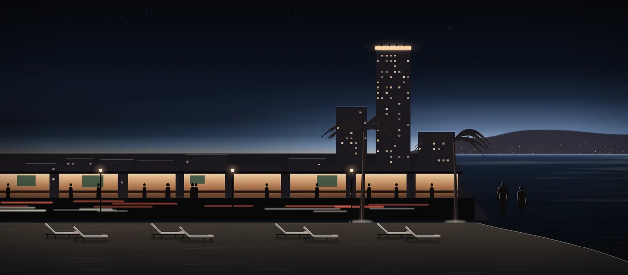 Illustration: Jomtien at night seen from the beach, sunbeds on the sand, palms and lamps along the beach road, a row of lit open-fronted bars with cars passing, condo towers behind with one rooftop lit, two people walking by the sea and the hill beyond