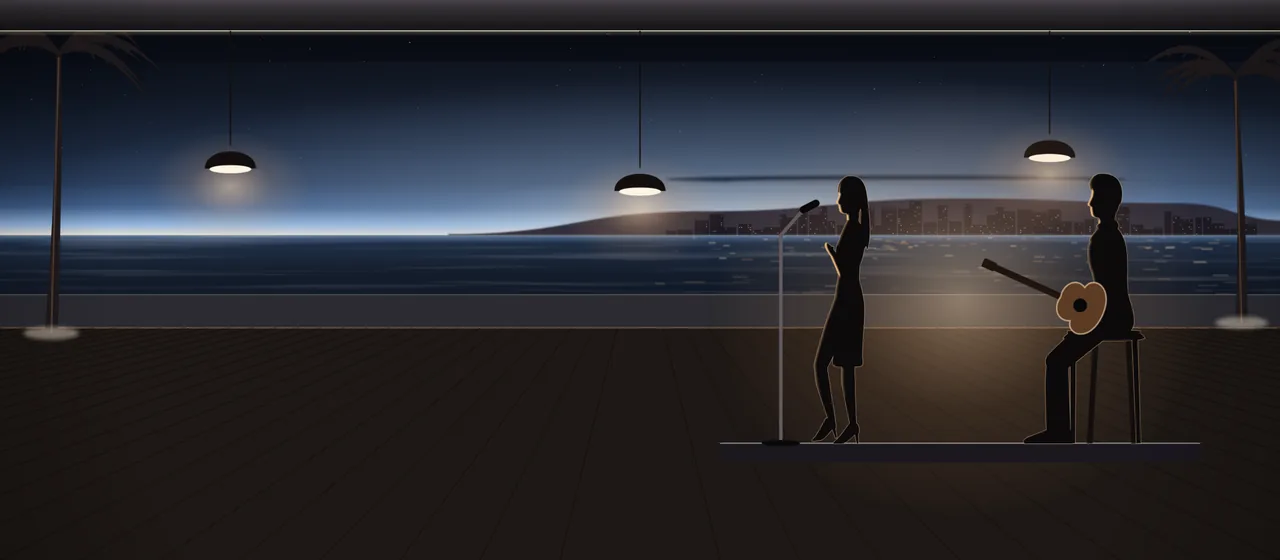 Illustration: an open-air lounge on the beach at night, a woman singing and a man playing guitar under pendant lamps, palms, and the calm bay with a lit headland beyond