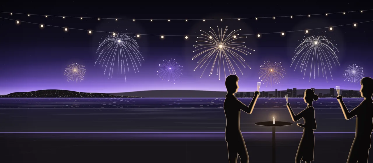 Illustration: New Year’s Eve on a rooftop terrace at midnight, three friends raising their glasses at a high table, more groups at the glass rail, festoon lights overhead and fireworks bursting over the bay beyond