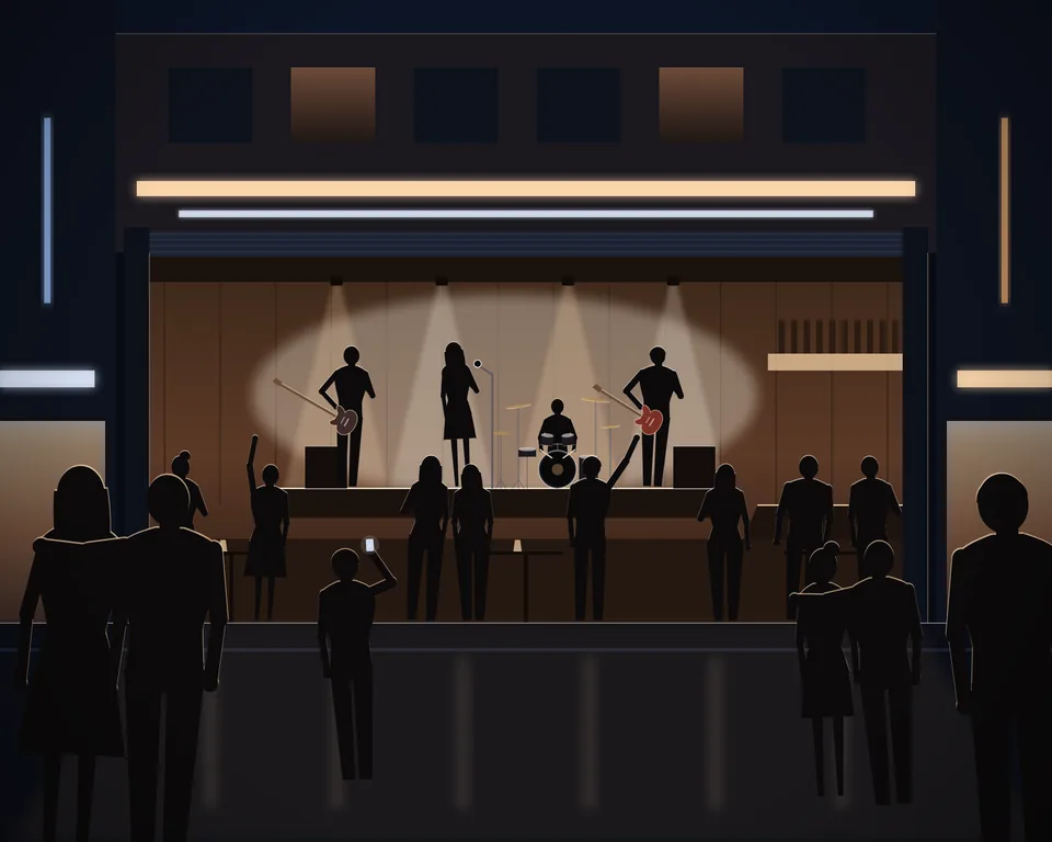 Illustration: a live-band bar on a busy night street seen from across the road, its whole front open under rolled-up shutters, a band playing on a raised stage at the back under warm lamps, listeners at high tables and a bar along the side, and passers-by walking along the street in the light spilling out
