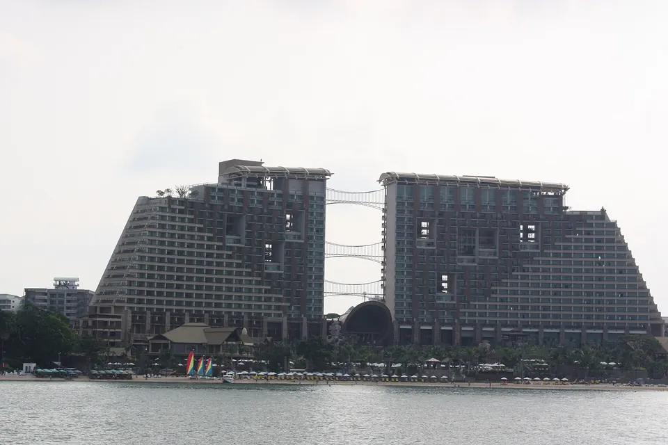Photo: the Centara Grand Mirage Beach Resort, home of Rum Jungle and Coast Beach Club: two stepped towers above the beach in Naklua, seen from the water