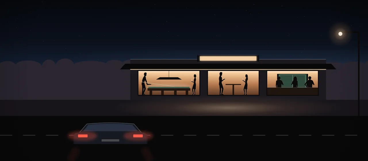 Illustration: a pub on a quiet road at night, big lit windows with a pool table, a screen and people at the bar inside, a street lamp and a car driving away