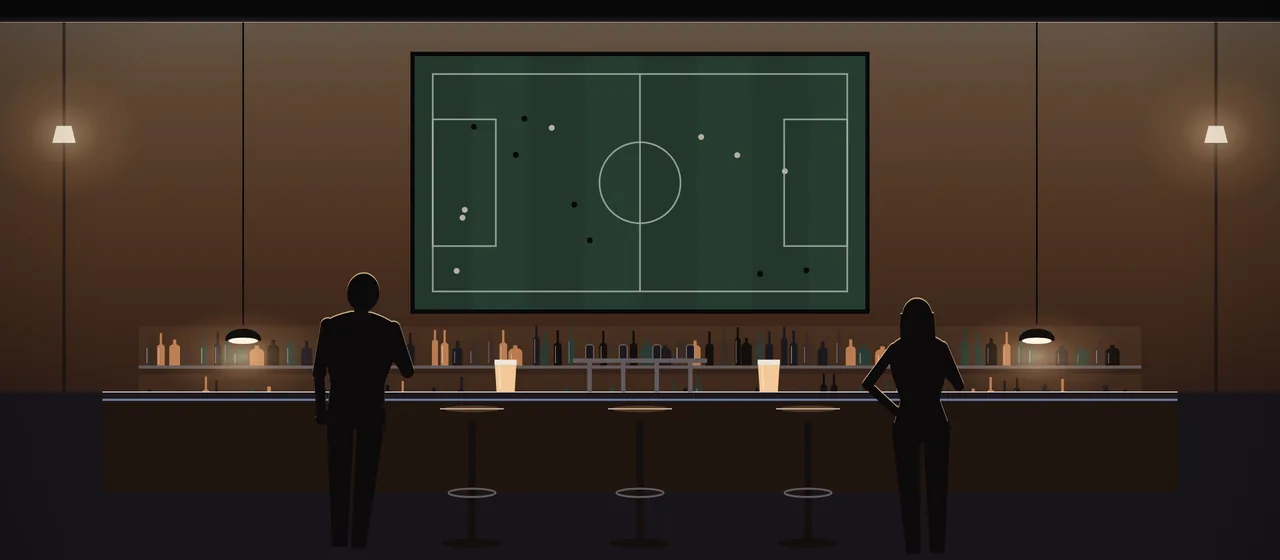 Illustration: a pub at night, a long bar counter with beer taps and two full pints, shelves of bottles, three bar stools, two people at the bar seen from behind, warm lamps and a screen above the bar showing a football pitch