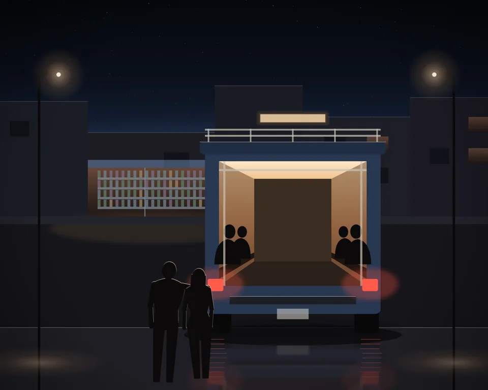 Illustration: late at night, two friends walking up to a baht bus pulled in at the kerb, passengers seated on the lit benches in its open back, rails on its roof, shop fronts across the street and the tail lights reflected on the wet road