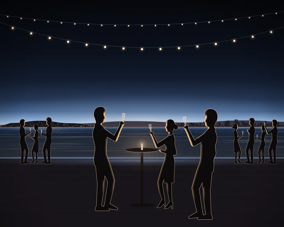 Illustration: three friends raise their glasses at a high table on a rooftop terrace above the bay at night, more groups at the glass rail, strings of festoon lights overhead and the town’s lights along the shore