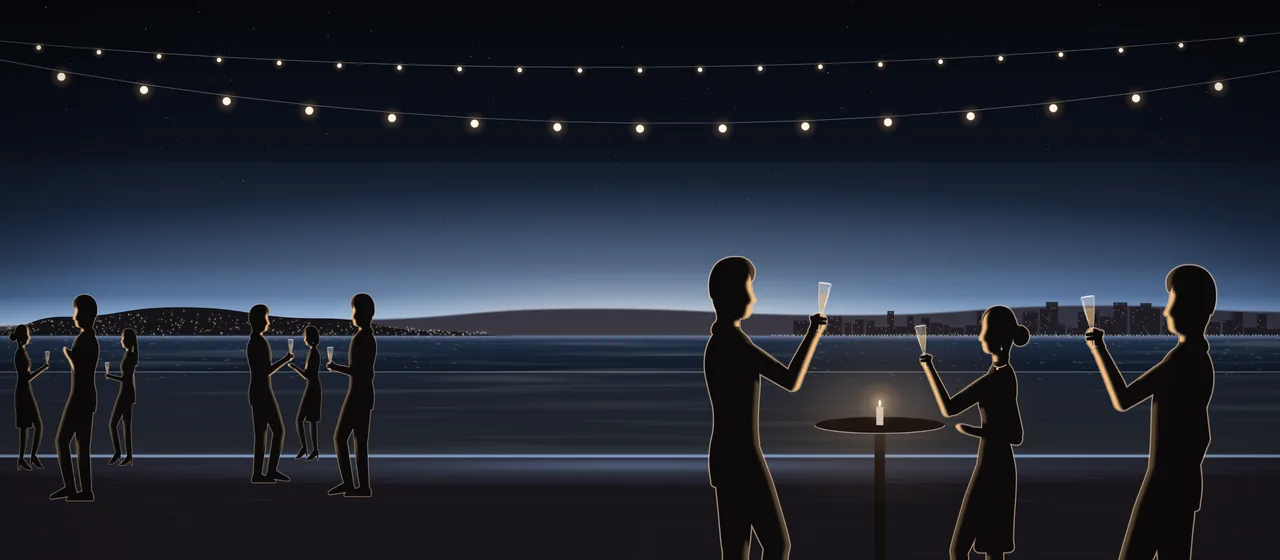 Illustration: three friends raise their glasses at a high table on a rooftop terrace above the bay at night, more groups at the glass rail, strings of festoon lights overhead and the town’s lights along the shore