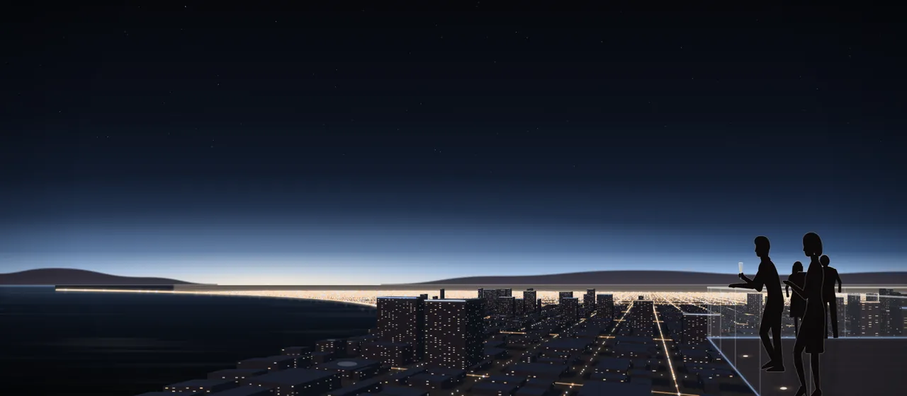 Illustration: friends at the glass rail on the corner of a skybar at the top of a tower at night, the city’s grid of lit streets far below with other towers rising out of it, and Beach Road curving along the bay