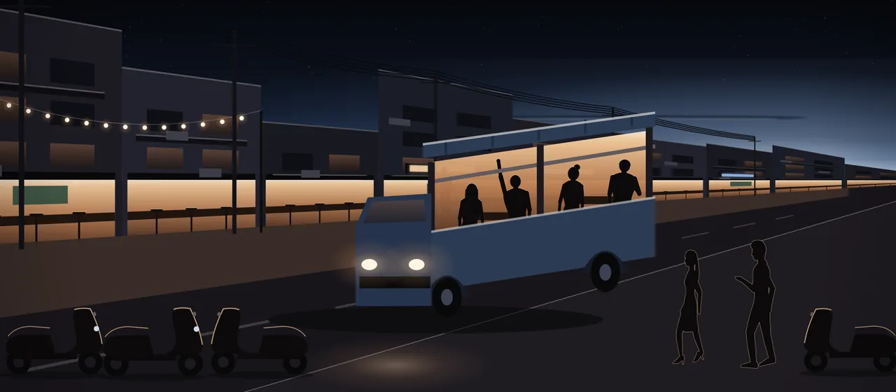 Illustration: a local road at night seen from the kerb, a row of shophouses of different heights with open-fronted bars, stools and lit counters, overhead cables, one string of bulbs, a baht bus with its open back lit, and scooters parked in the foreground