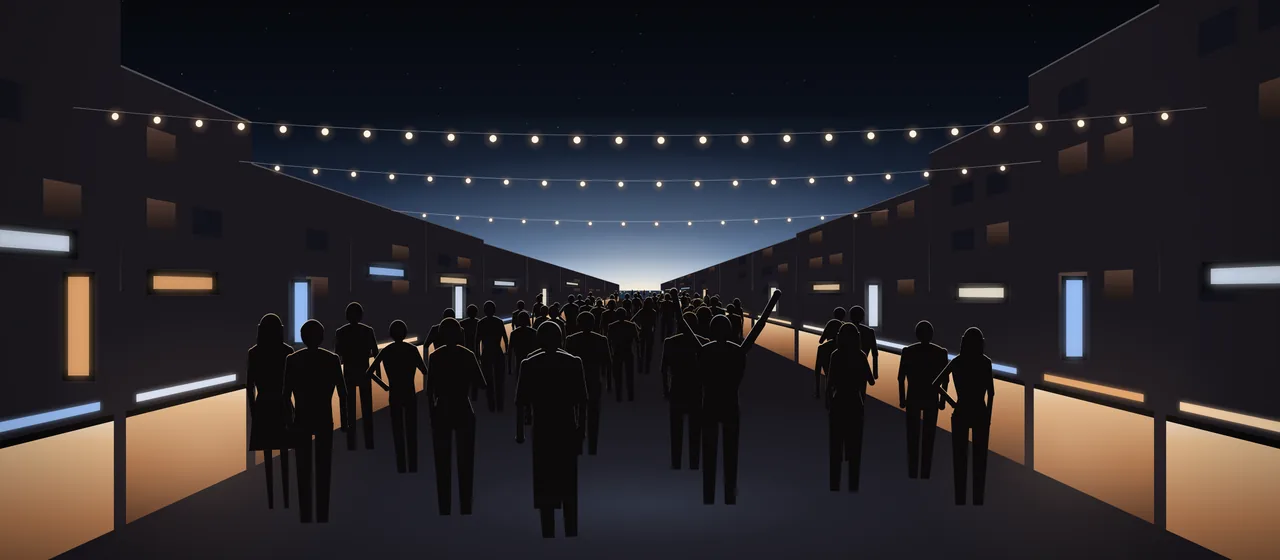 Illustration: a pedestrian night street seen down its length, lit shop fronts and light signs without lettering on both sides, strings of lights overhead, people walking away from us in loose groups, and the bay at the far end